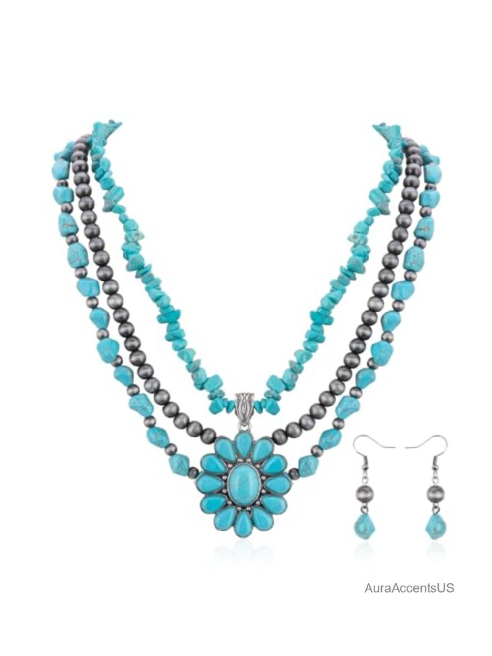 Turquoise Western Concho Necklace Dangle Earring Set Alloy Jewelry